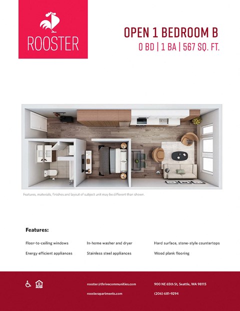 Floor plan for 1 bed, 1 bath, 567 sqft